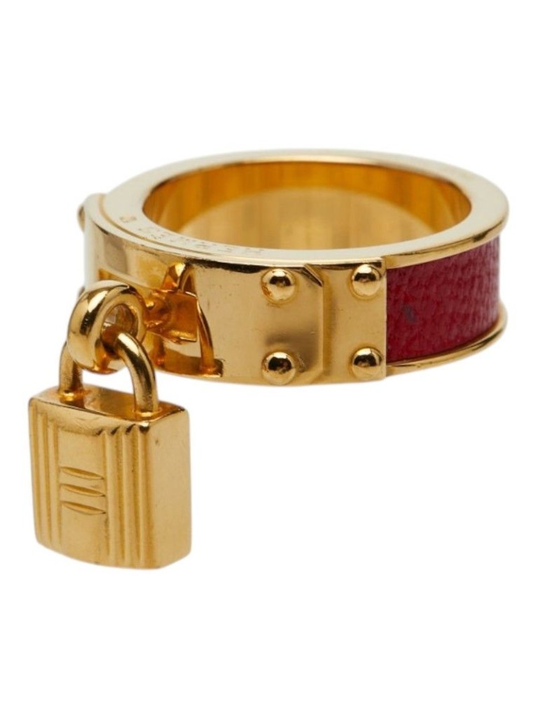 Hermes Kelly Cadena Scarf Ring Gold Red Plated Leather